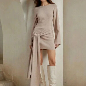 Apricot Casual Women's Crew Neck Long Sleeve Tie Hem Casual Sweater Dress